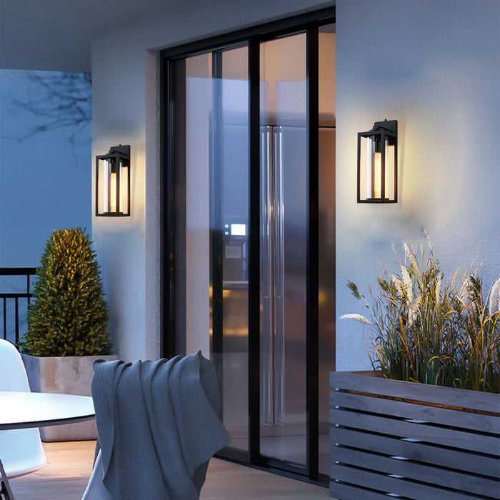 2 Pack Dusk to Dawn Matte Black Outdoor Wall Light with Cylinder Clear Glass Shade