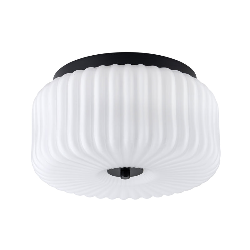 10.75 in. Black Aluminum Flush Mount Ceiling Light with White Ribbed Glass Shade