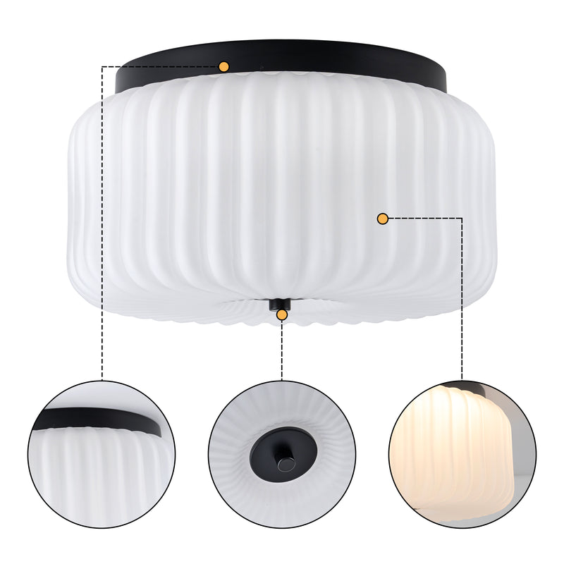 10.75in Black Aluminum Flush Mount Ceiling Light with White Ribbed Glass Shade