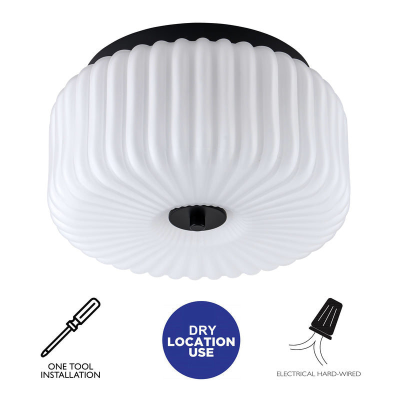 10.75 in. Black Aluminum Flush Mount Ceiling Light with White Ribbed Glass Shade