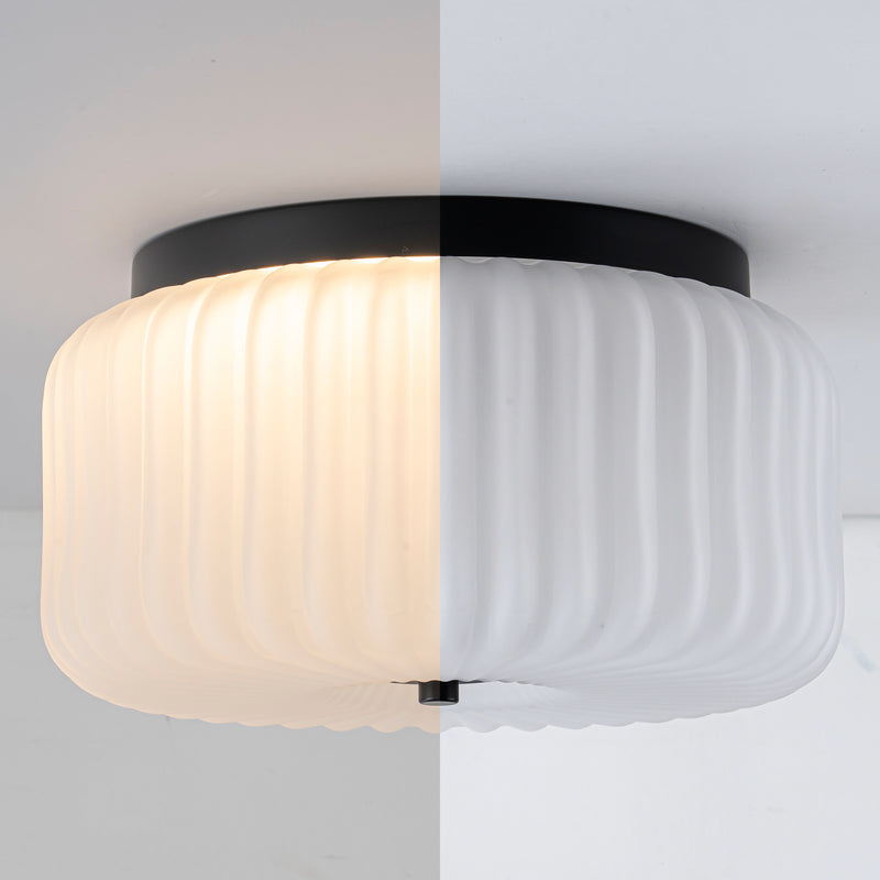 10.75 in. Black Aluminum Flush Mount Ceiling Light with White Ribbed Glass Shade