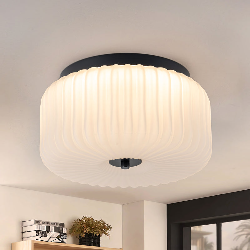 10.75 in. Black Aluminum Flush Mount Ceiling Light with White Ribbed Glass Shade