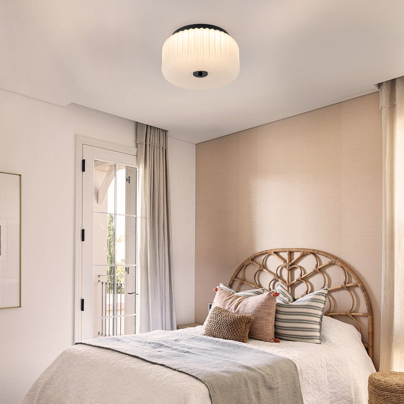 10.75in Black Aluminum Flush Mount Ceiling Light with White Ribbed Glass Shade