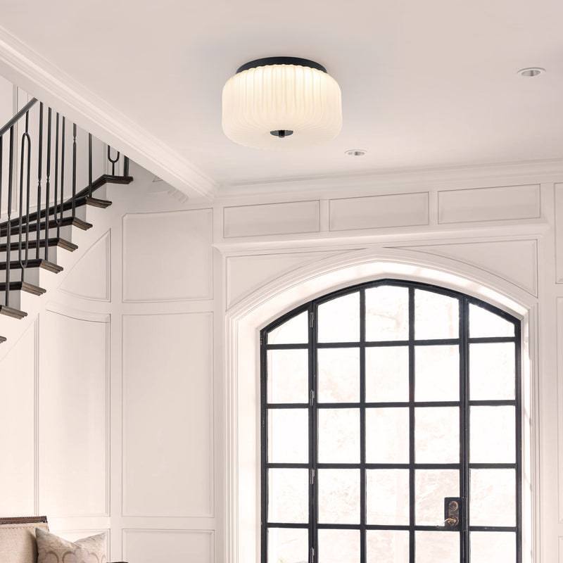 10.75in Black Aluminum Flush Mount Ceiling Light with White Ribbed Glass Shade