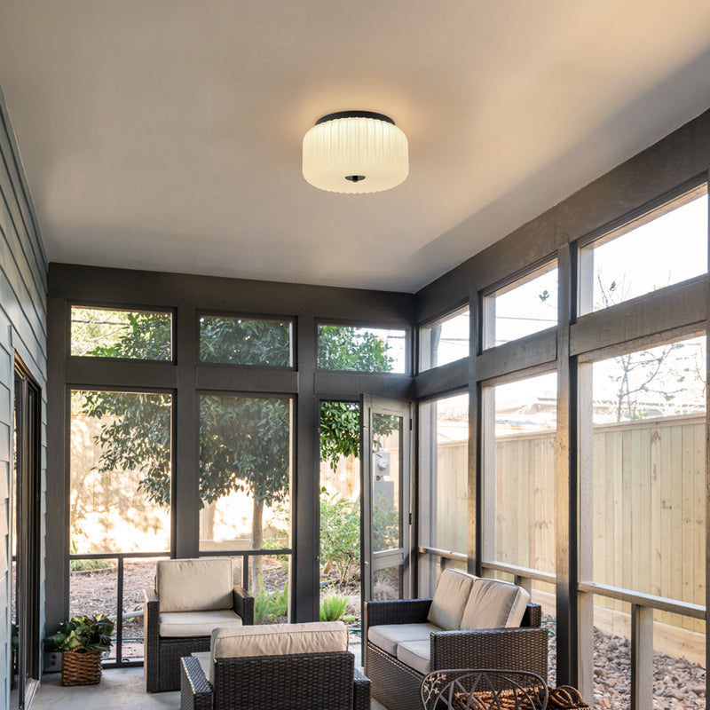 10.75 in. Black Aluminum Flush Mount Ceiling Light with White Ribbed Glass Shade