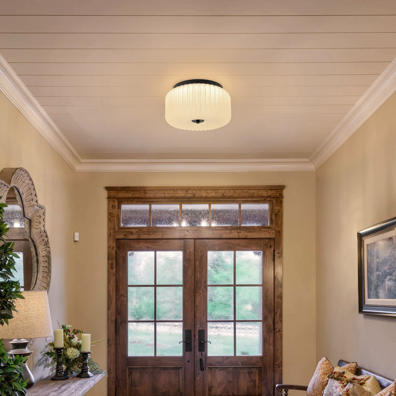10.75 in. Black Aluminum Flush Mount Ceiling Light with White Ribbed Glass Shade