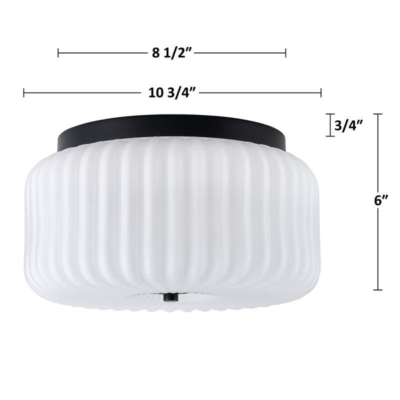10.75 in. Black Aluminum Flush Mount Ceiling Light with White Ribbed Glass Shade