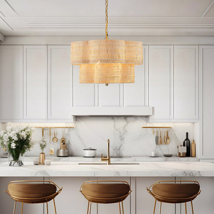 20" 5-Light Natural Rattan Chandelier with 2-Tier Hand Woven Flower-Shaped Shade