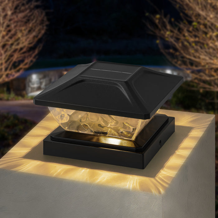 Black Solar LED Outdoor Post Cap Lights with Hammered Lens (12-Pack)