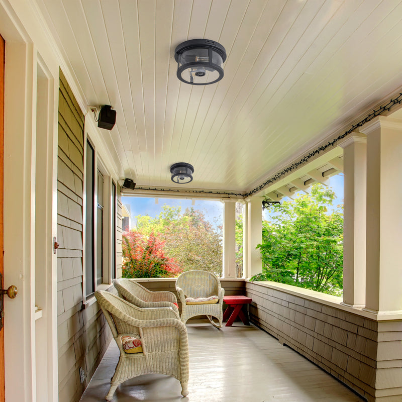 2-Light Black Motion Sensor Dusk to Dawn Outdoor Flush Mount Ceiling Light