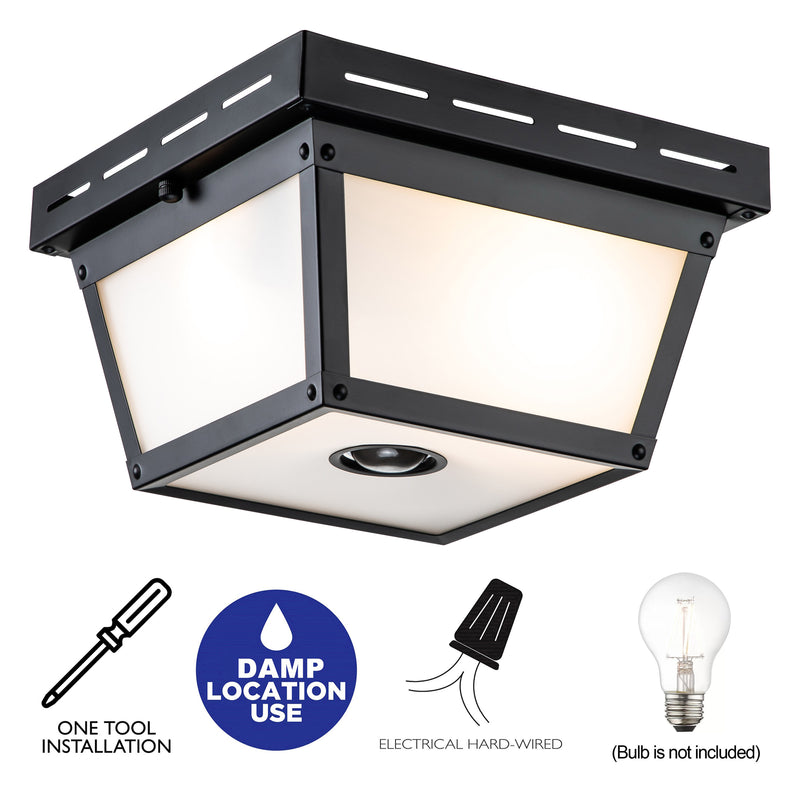 2-Light Matte Black Motion Sensor Flush Mount Light with White Textured Glass