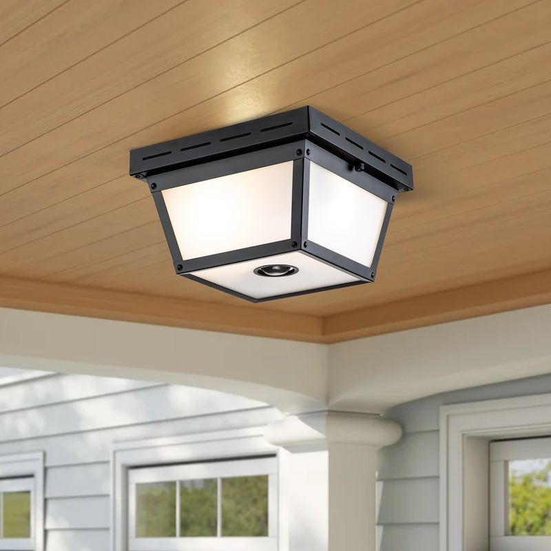 2-Light Matte Black Motion Sensor Flush Mount Light with White Textured Glass