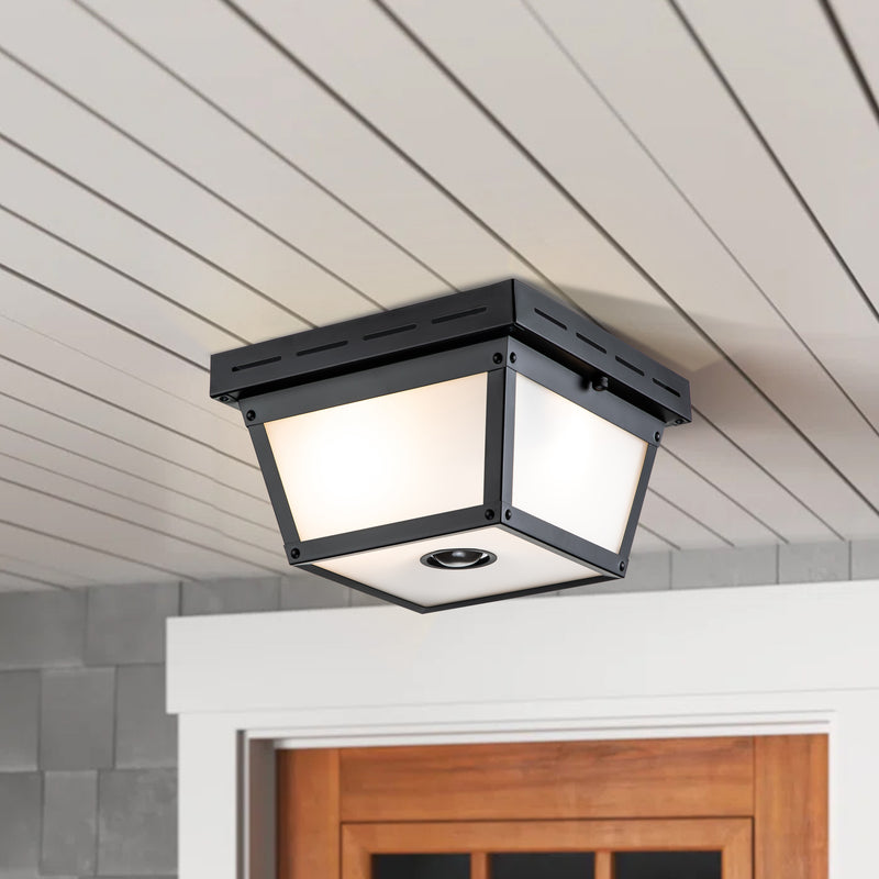 2-Light Matte Black Motion Sensor Flush Mount Light with White Textured Glass
