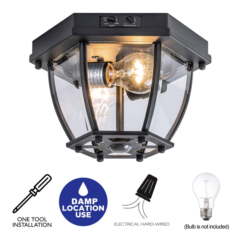 2-Light Matte Black Motion Sensor Flush Mount Light with clear glass