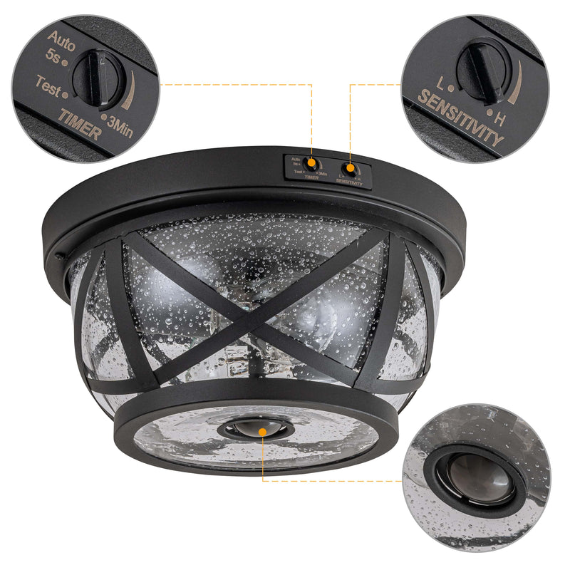 Motion Sensing Raindrop Glass Outdoor Flush Mount Ceiling Light