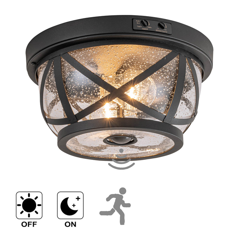 Motion Sensing Raindrop Glass Outdoor Flush Mount Ceiling Light