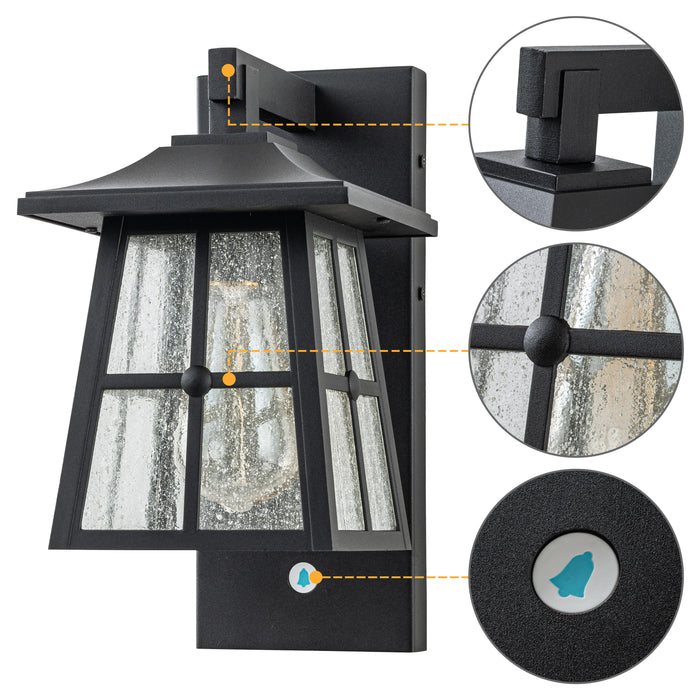 Matte Black Aluminum Outdoor Wall Lantern with Seeded Glass and Doorbell