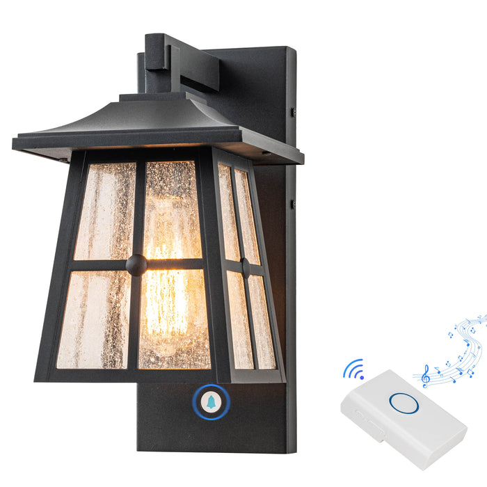 Matte Black Aluminum Outdoor Wall Lantern with Seeded Glass and Doorbell