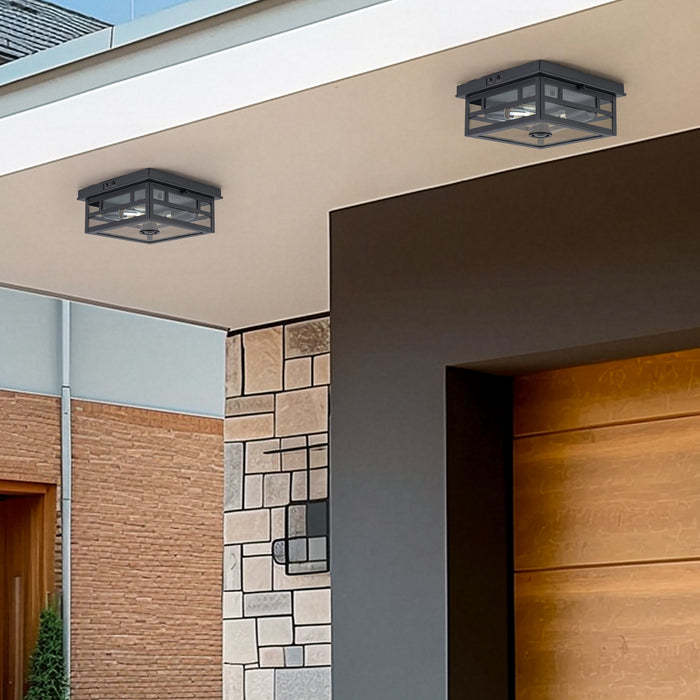 2-Light Motion Sensor Dusk to Dawn Outdoor Flush Mount Ceiling Light with Clear Glass Shade (1-Pack)