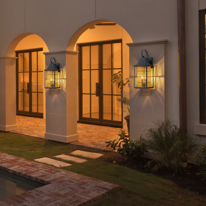 24.75in 3-Light Modern Farmhouse Dusk-to-Dawn Outdoor Wall Lantern with Hand-woven Rattan Shade