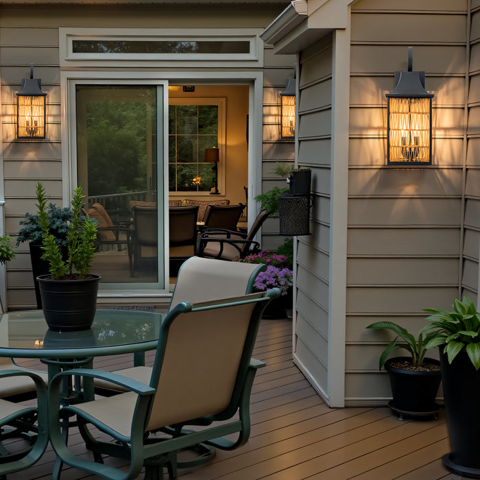 20.5in 2-Light Modern Farmhouse Dusk-to-Dawn Outdoor Wall Lantern with Hand-woven Rattan Shade