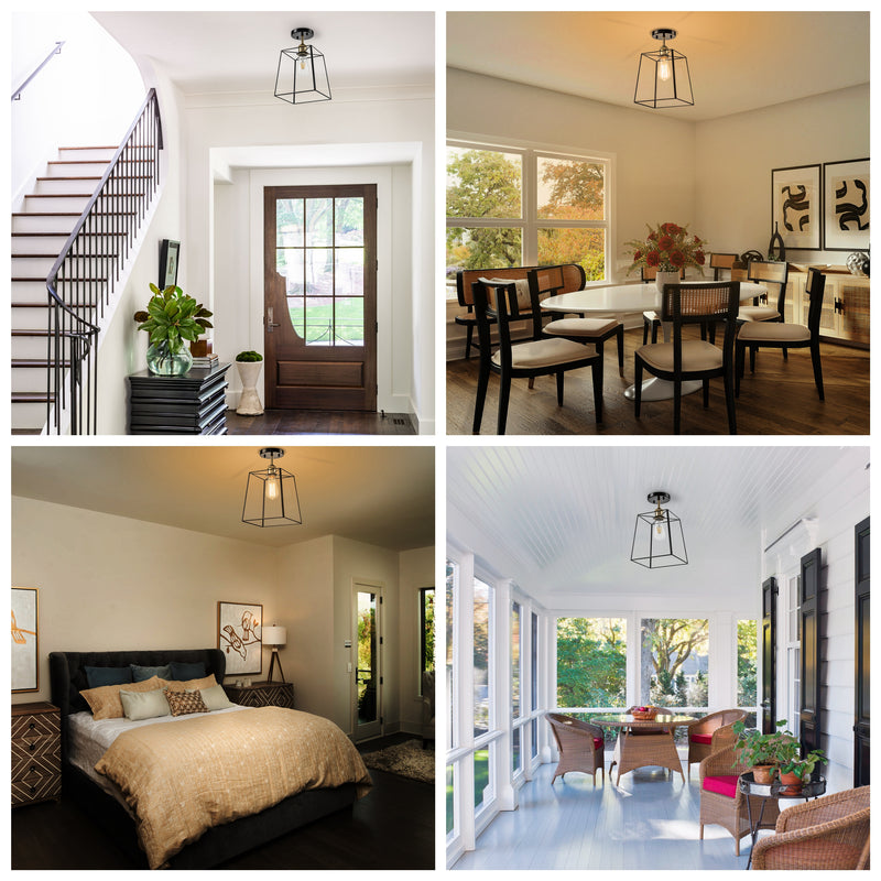 1-Light Dark Bronze Brass Semi-Flush Mount Ceiling Light with Tempered Glass Shade