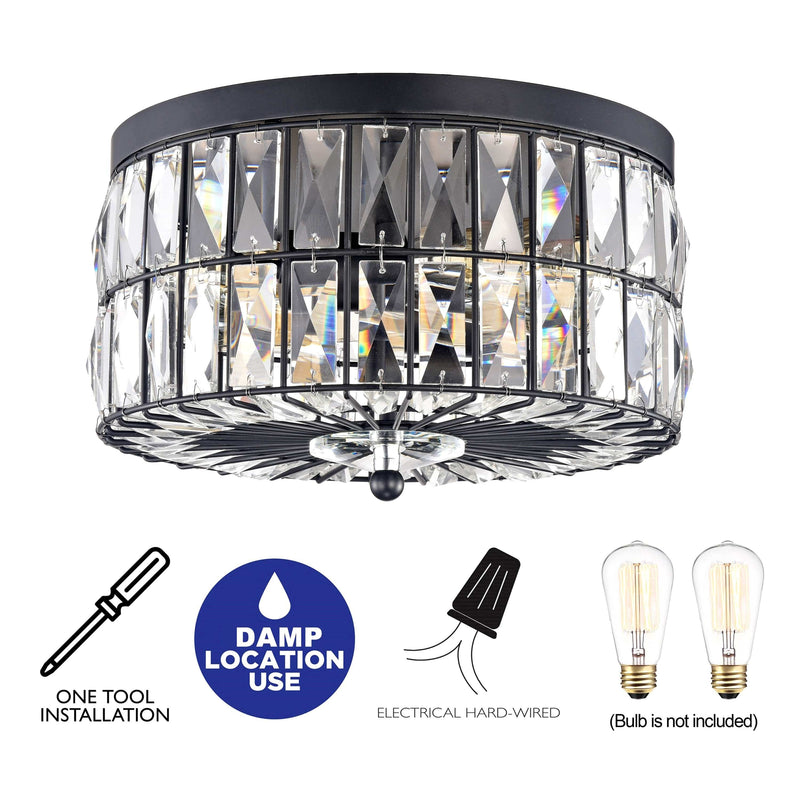 Cattleya Lighting Flush Mount Lighting 11.75 in. 2-Light Black Ceiling Flush Mount Light With Crystal Glass 708111932394