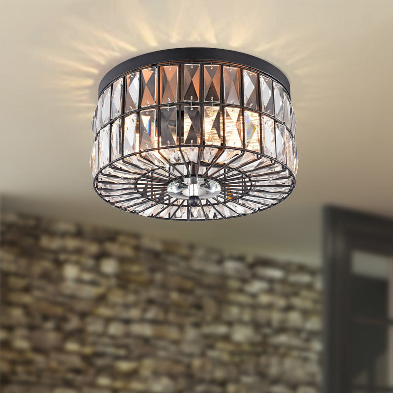Cattleya Lighting Flush Mount Lighting 11.75 in. 2-Light Black Ceiling Flush Mount Light With Crystal Glass 708111932394