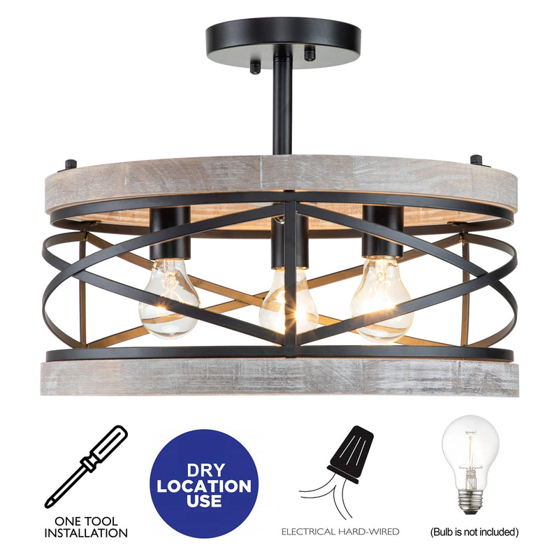 cattleyalighting 17.25 in. 3-Light Black Semi-Flush Mount With Natural Wood Accent