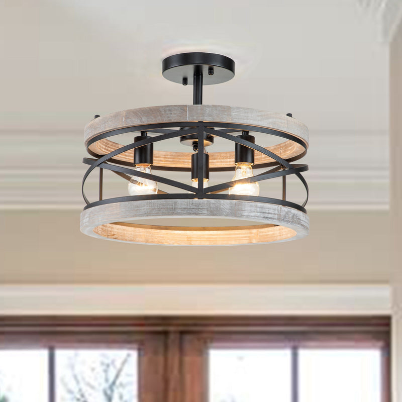 cattleyalighting 17.25 in. 3-Light Black Semi-Flush Mount With Natural Wood Accent