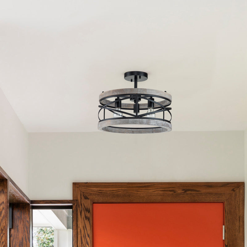 cattleyalighting 17.25 in. 3-Light Black Semi-Flush Mount With Natural Wood Accent