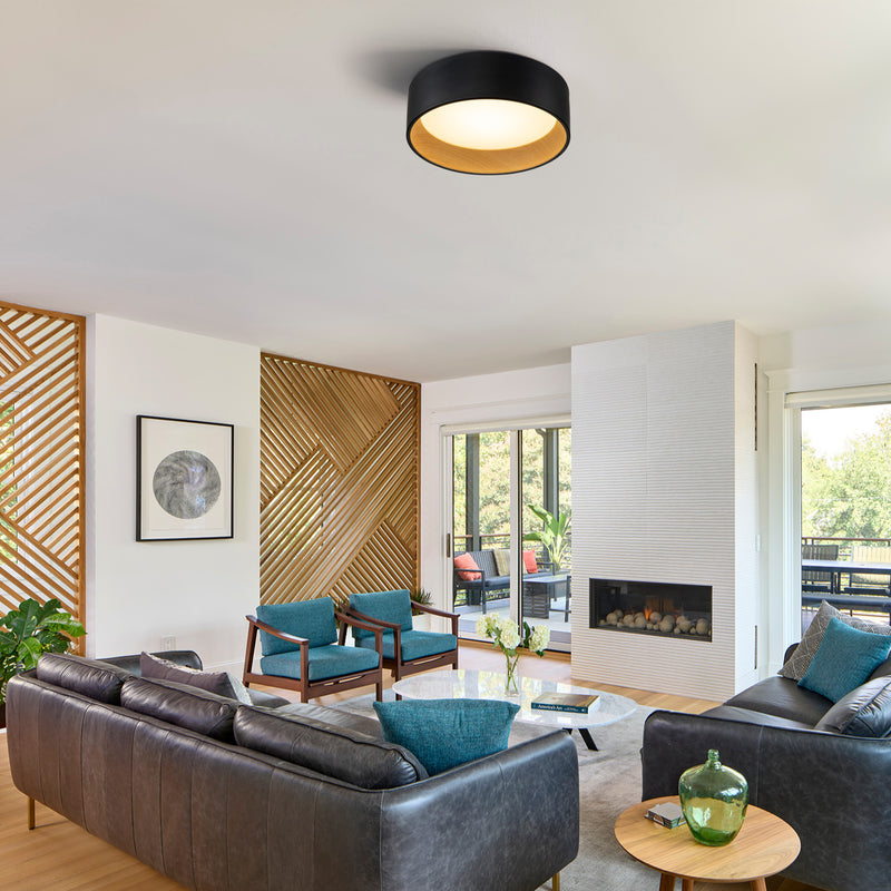 Black and wood Finish LED Drum Flush Mount