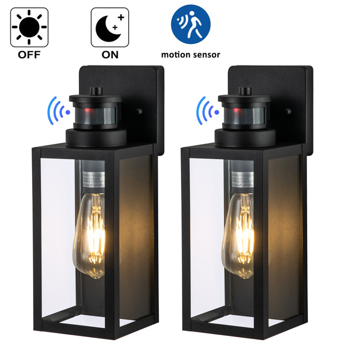 2-Pack Motion Sensing Dusk to Dawn Matte Black Outdoor Wall Lantern Sconce with Clear Tempered Glass