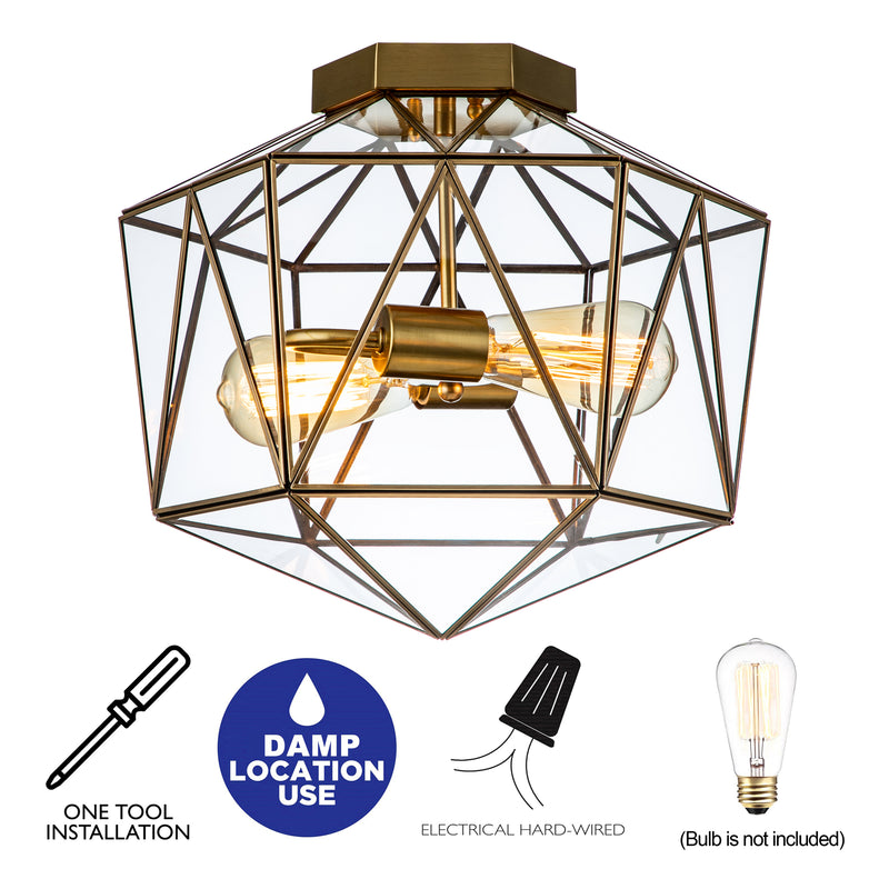 2-Light Brass Flush Mount with Clear Tempered Glass