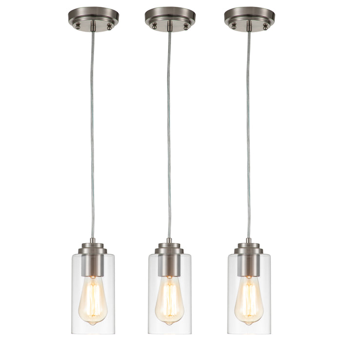 1-Light Stain Nickel Pendant Light with Cylinder Clear Glass(3-Pack)