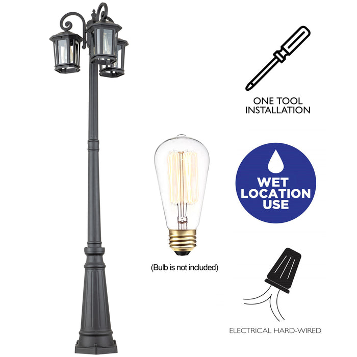 76 in 3-Head Black Outdoor Post Light with Clear Tempered Glass