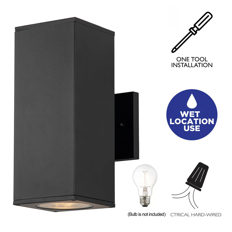 11.75 in. 2-Light Matte Black Die-Cast Aluminum Rectangular Outdoor Wall Sconce