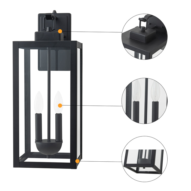 2-Light Black Dusk to Dawn Outdoor Wall Lantern Sconce with Clear Tempered Glass
