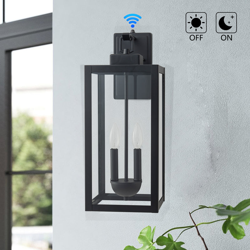 2-Light Black Dusk to Dawn Outdoor Wall Lantern Sconce with Clear Tempered Glass