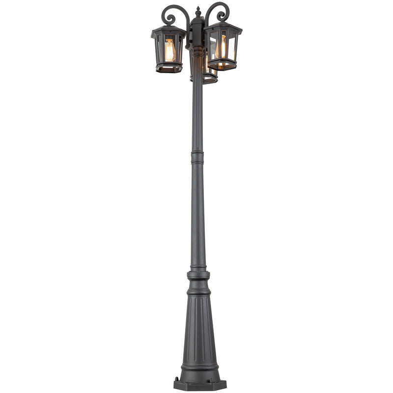 76 in 3-Head Black Outdoor Post Light with Clear Tempered Glass