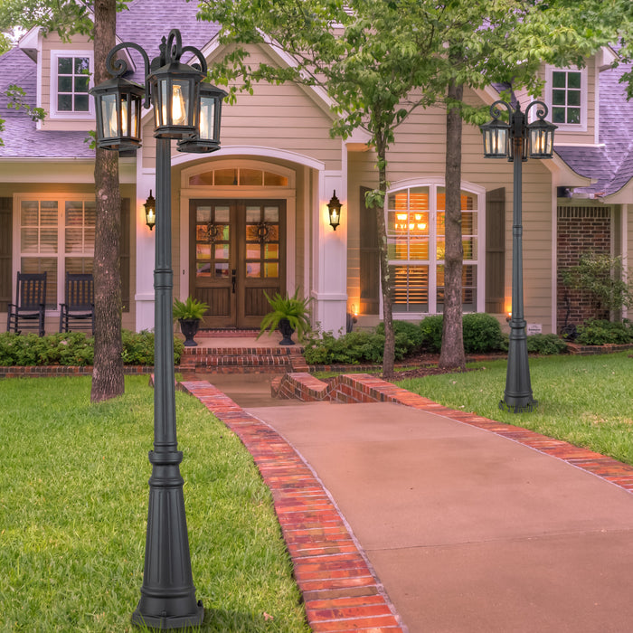 76 in 3-Head Black Outdoor Post Light with Clear Tempered Glass