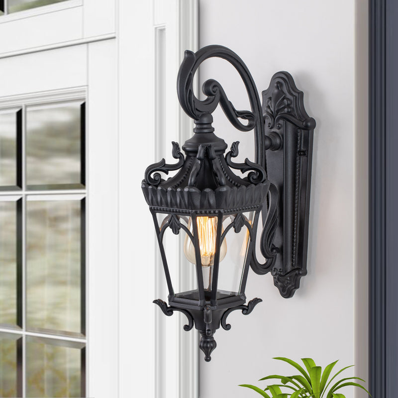 1-Light Matte Black Finish Die-cast Aluminum Outdoor Wall Lantern Sconce with Clear Tempered Glass