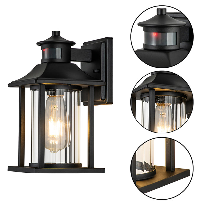 2-Pack Matte Black Motion Sensing Dusk to Dawn Outdoor Wall Sconce with Clear Stripped Glass