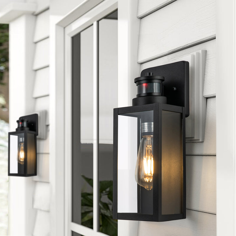 2-Pack Motion Sensing Dusk to Dawn Matte Black Outdoor Wall Lantern Sconce with Clear Tempered Glass