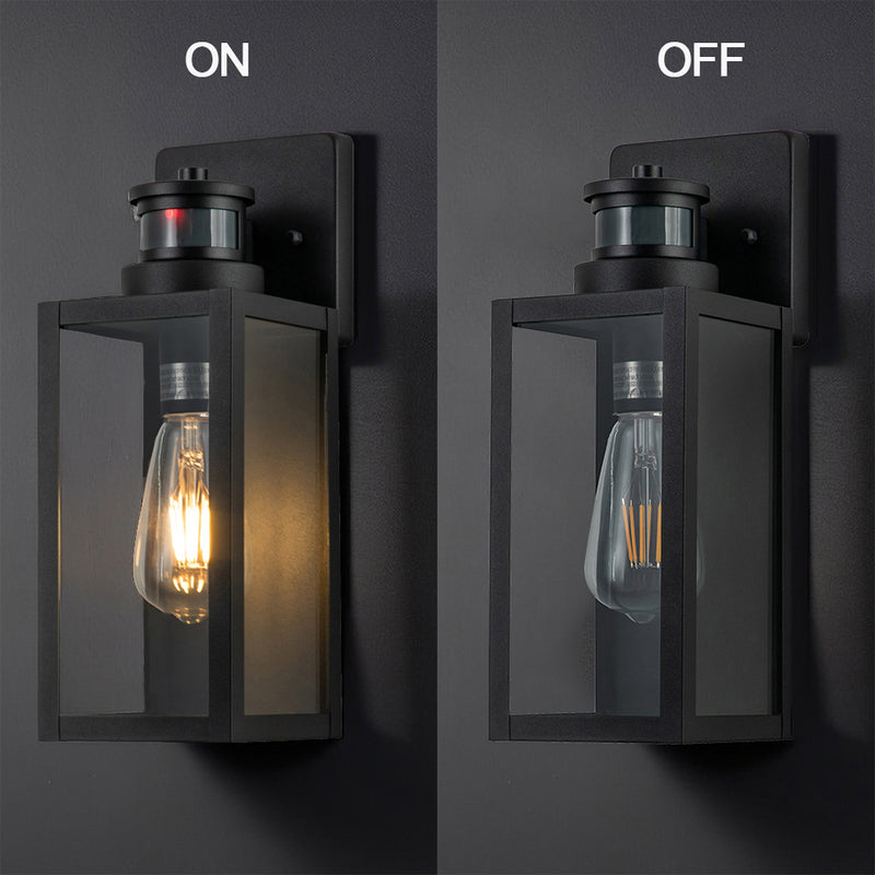 2-Pack Motion Sensing Dusk to Dawn Matte Black Outdoor Wall Lantern Sconce with Clear Tempered Glass