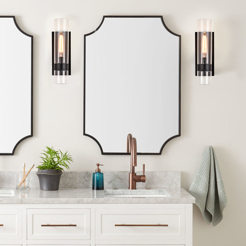 16.75 in. 1-Light Black Bathroom Vanity Light Wall Sconce with Cylinder Clear Glass (2-Pack)