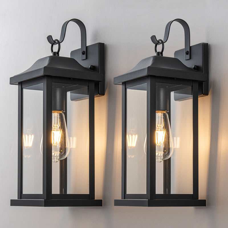 2 Pack Matte Black Outdoor Wall Lights With Clear Tempered Glass