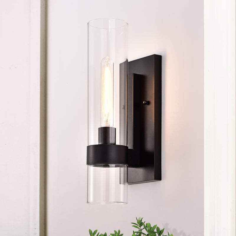 16.75 in. 1-Light Black Bathroom Vanity Light Wall Sconce with Cylinder Clear Glass (2-Pack)