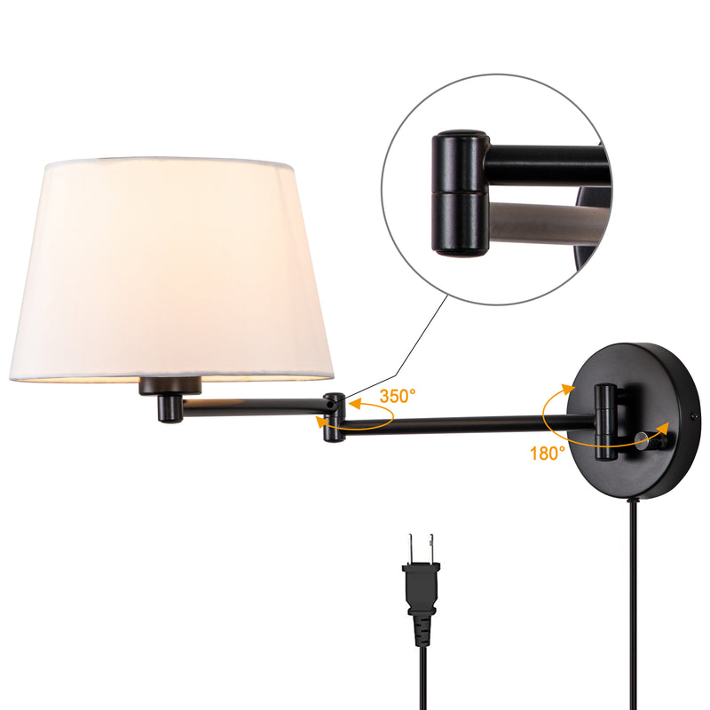 C Cattleya 1-Light Black Plug-In Swing Arm Wall Lamp with Linen Shade(2 Pack)