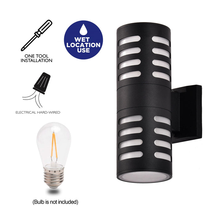 2-Light Matte Black Dusk to Dawn Cylinder Outdoor Wall Sconce